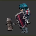 3D Fantasy Warrior Character With Blue Hair Armor Holding Hammer And Shield