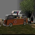 Orange And White Mobile Food Truck Serving Drinks With Outdoor Tent Chairs Wooden Boxes