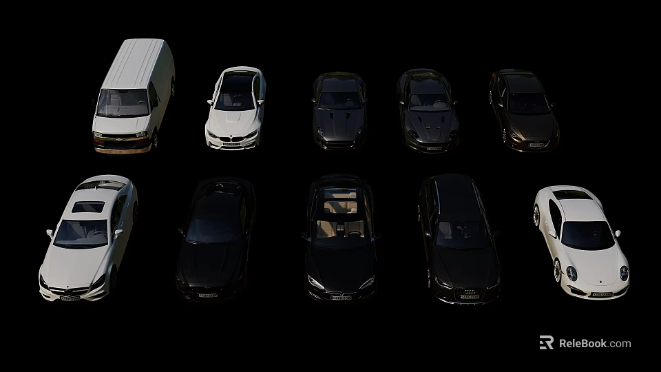 Various Car Models In White And Black Colors Arranged For Display Showcase 3d model 