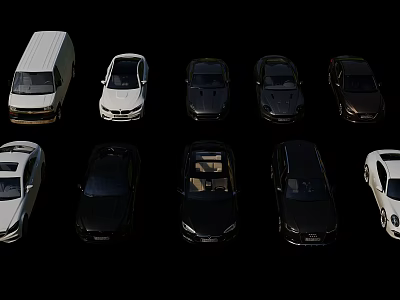 Various Car Models In White And Black Colors Arranged For Display Showcase 3d model