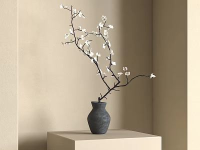 Gray Vase With White Flower Branches On Light Colored Pedestal Beige Wall Minimalist Interior Decor 3d model