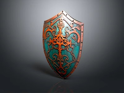 Ornate Copper Decorative Shield With Teal Surface And Intricate Patterns 3d model