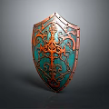 Ornate Copper Decorative Shield With Teal Surface And Intricate Patterns