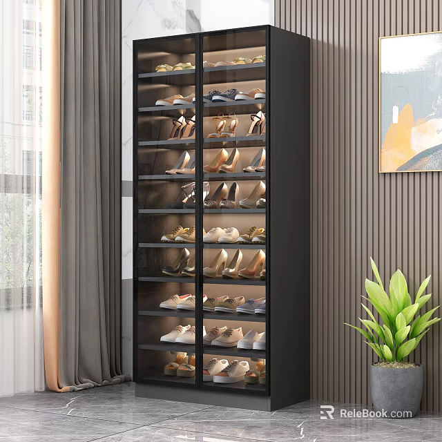 Modern Black Shoe Cabinet With Transparent Glass Door For Storing Multiple Shoes In Home Interior 3d model 