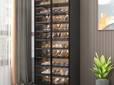 Modern Black Shoe Cabinet With Transparent Glass Door For Storing Multiple Shoes In Home Interior 3d model