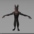 3D Dog Model with Black Body Erect Ears Arms Outstretched Wearing Black Vest Green Pants