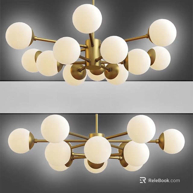 Elegant Modern Chandelier Featuring Golden Arms And White Spherical Bulbs 3d model 
