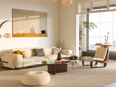 Cozy Living Room With Beige Sofa Throw Pillows Glass Coffee Table Rocking Chair And Painting 3d model