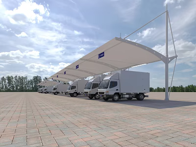 Large White Canopy Shelter for Outdoor Truck Parking Area Under Blue Sky 3d model