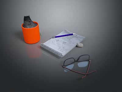 Black Fashion Hat In Orange Container With Notebook Pen And Glasses 3d model