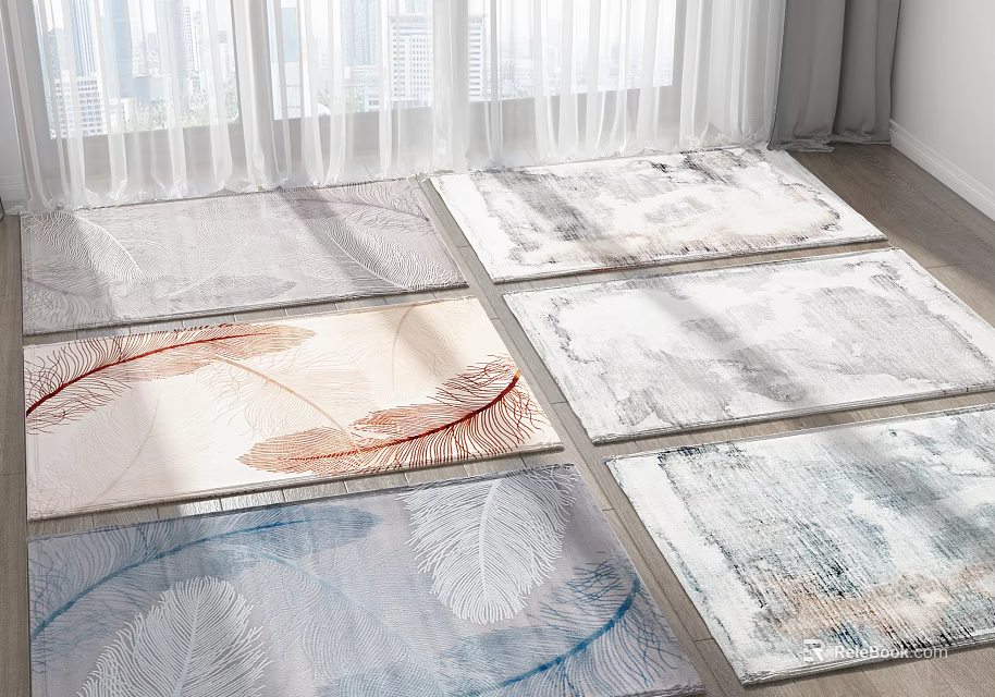 Square Rugs with Various Feather Patterns and Multiple Colors on Wooden Floor with Window Curtains 3d model 