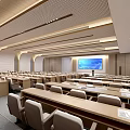 Modern Conference Hall Interior With White Seats Wooden Podium And Ceiling Lights