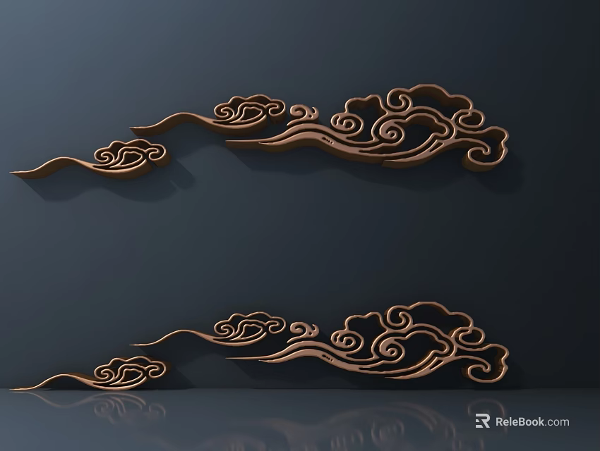 Golden Cloud Pattern Carvings As Wall Decorations With Dark Background Reflections 3d model 