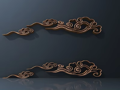 Golden Cloud Pattern Carvings As Wall Decorations With Dark Background Reflections 3d model
