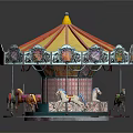 Vintage Carousel Structure With Red Yellow Striped Roof Decorative Railings And Colorful Horses