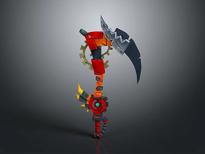 Red And Black Mechanical Sickle Tool With Gear Mechanisms And Decorative Parts 3d model