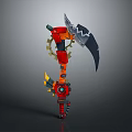 Red And Black Mechanical Sickle Tool With Gear Mechanisms And Decorative Parts