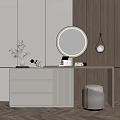 Modern White Dressing Table With Round Mirror Wooden Wall And Stool Decor