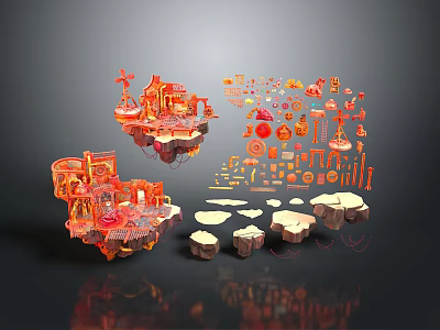 Vibrant Cartoon Scene Design With Floating Islands Buildings And Decorative Objects 3d model