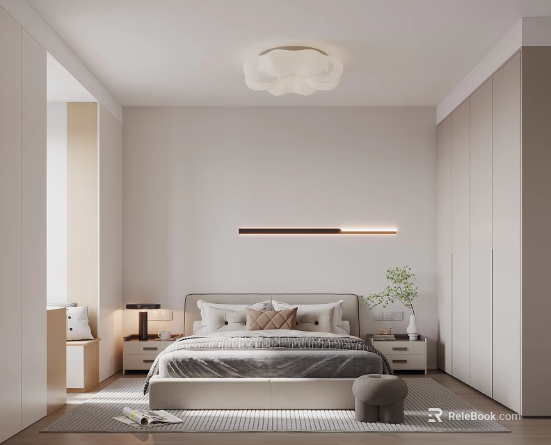 Modern Minimalist Bedroom Interior With Bed Pillows Linear Wall Light Cloud Ceiling Light And Wardrobes 3d model 