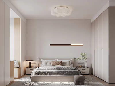Modern Minimalist Bedroom Interior With Bed Pillows Linear Wall Light Cloud Ceiling Light And Wardrobes 3d model