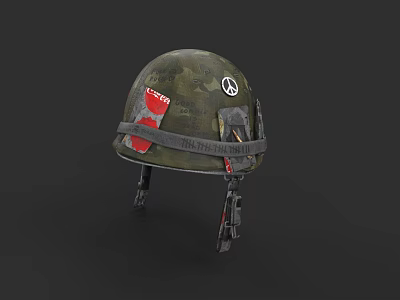 Camouflage Military Weapon Helmet with Test Stickers and Worn Tactical Straps 3d model
