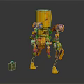 Mechanical Yellow Robot Sculpture With Green Small Box And Metal Legs