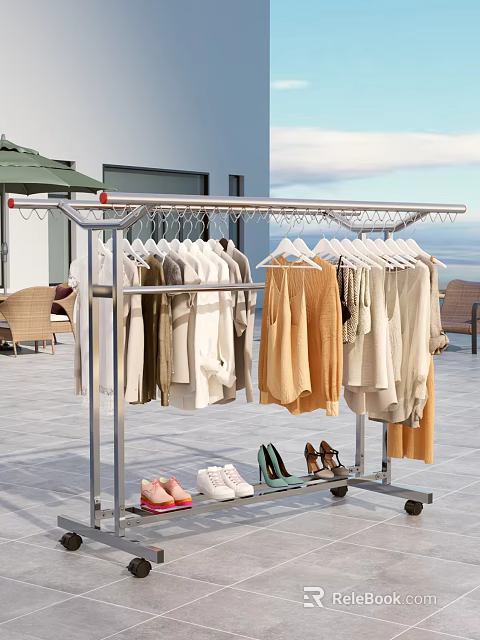 Stainless Steel Clothes Rack With Hanging Coats Sweaters And Shoes On Outdoor Patio 3d model 