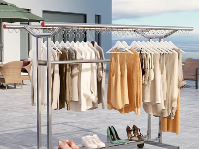 Stainless Steel Clothes Rack With Hanging Coats Sweaters And Shoes On Outdoor Patio 3d model