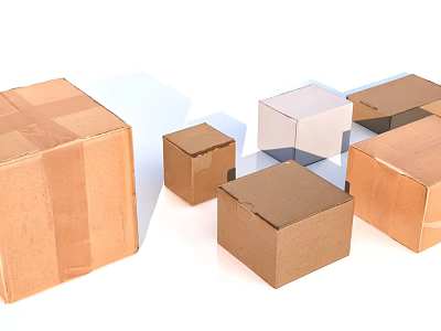 Various Sizes And Colors Of Cardboard Boxes Arranged On White Background 3d model