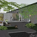 Serene Garden Landscape With Sofa Green Plants Trees Decorative Wall And Lawn