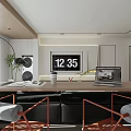 Modern Living And Dining Room Interior With Black Sofa Dining Table And Round Wall Art