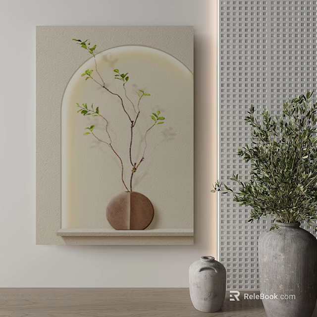 Modern Interior Wall Decor With Arch Art Small Tree Plant And Grey Vase 3d model