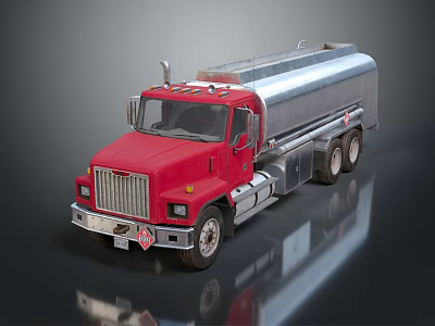 Red Tanker Truck With Silver Tank And Shiny Surface On Reflective Ground 3d model