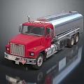 Red Tanker Truck With Silver Tank And Shiny Surface On Reflective Ground