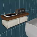 Bathroom Essentials On Wooden Shelf With Digital Clock Smartphone And White Toilet Paper Holders