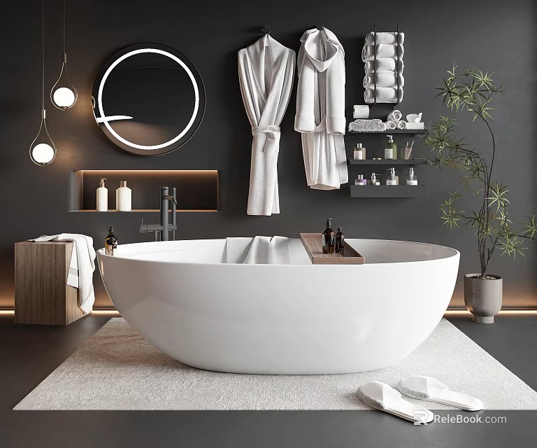Freestanding White Bathtub in Modern Black Bathroom with Round Mirror Hanging Lights Robes and Plant 3d model 