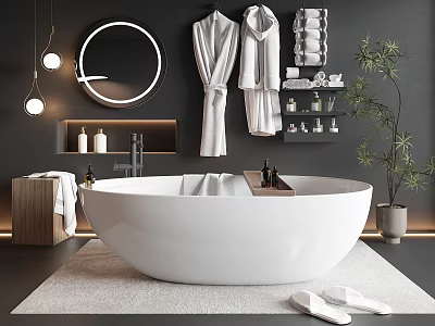 Freestanding White Bathtub in Modern Black Bathroom with Round Mirror Hanging Lights Robes and Plant 3d model