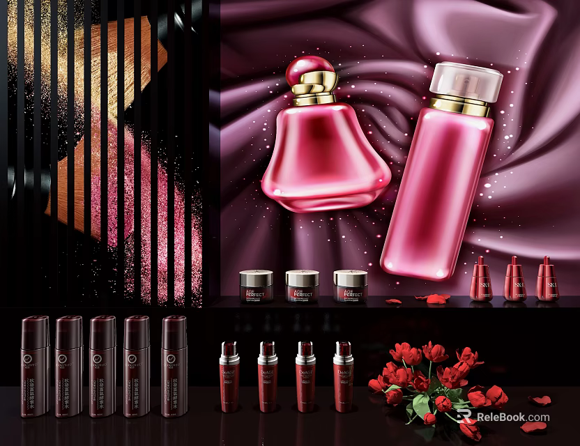 Luxurious Pink Perfume Cosmetics Collection With Bottles Lipsticks Skincare Jars And Fresh Roses 3d model 