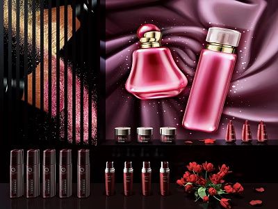 Luxurious Pink Perfume Cosmetics Collection With Bottles Lipsticks Skincare Jars And Fresh Roses 3d model