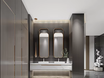 Modern Public Restroom Design With Double Sinks Mirrors And Decor 3d model