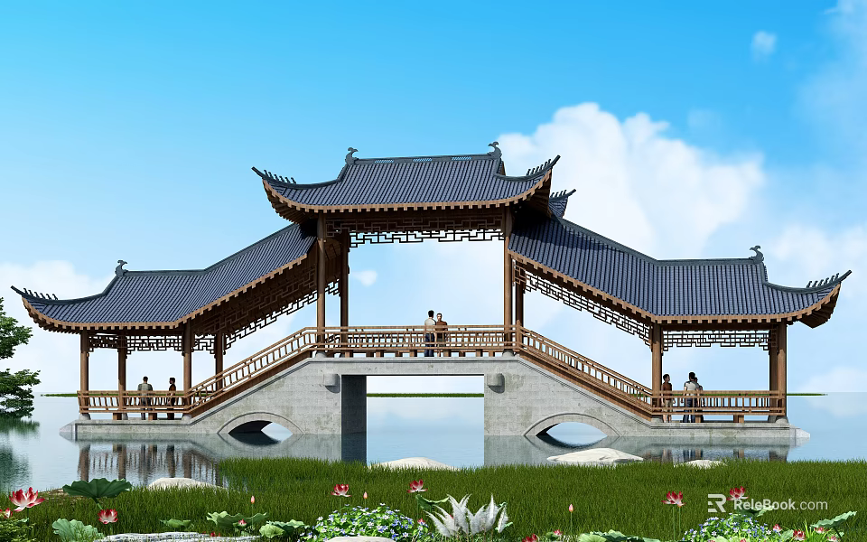 Traditional Chinese Bridge With Overhanging Eaves Lotus Flowers Greenery And People Resting By Water 3d model 