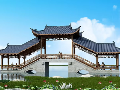 Traditional Chinese Bridge With Overhanging Eaves Lotus Flowers Greenery And People Resting By Water 3d model