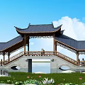 Traditional Chinese Bridge With Overhanging Eaves Lotus Flowers Greenery And People Resting By Water