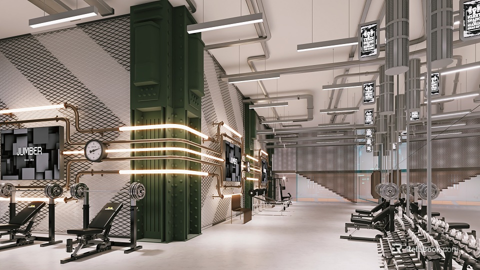 Industrial Style Fitness Gym Interior With Workout Benches And Bright Lighting Fixtures 3d model 