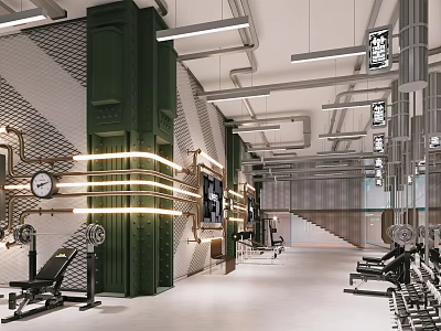 Industrial Style Fitness Gym Interior With Workout Benches And Bright Lighting Fixtures 3d model