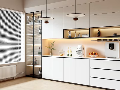 Modern White Sideboard With Glass Doors Hanging Lights Appliances And Decorative Items 3d model