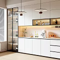 Modern White Sideboard With Glass Doors Hanging Lights Appliances And Decorative Items