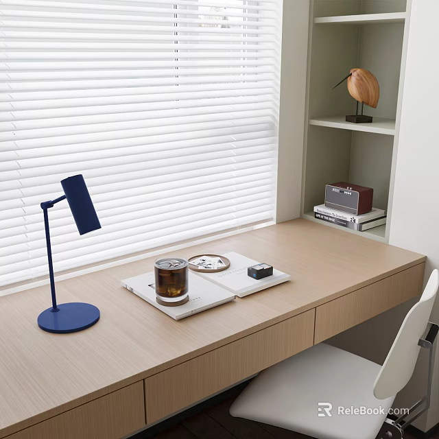 Modern Wooden Desk With Blue Lamp Tray Items Window Blinds And Bookshelf 3d model 