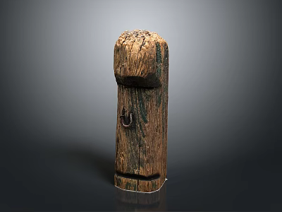 Rustic Wooden Stone Pillar With Natural Texture And Metal Ring Detail 3d model